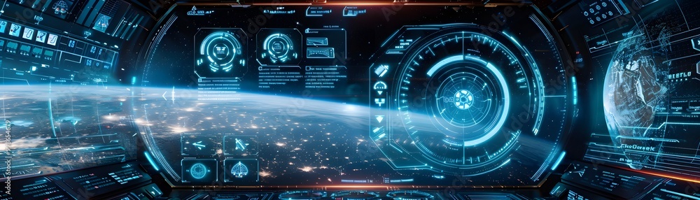 Fototapeta premium Holographic Space Station Interface Showcasing Real Time Asteroid Field Navigation and Spaceship Statuses
