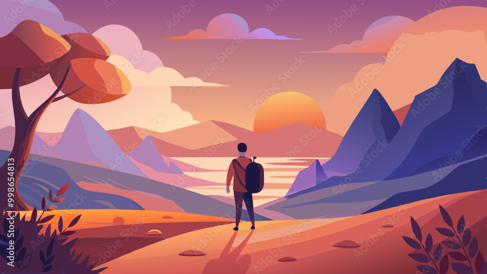 Fototapeta premium Hand-Drawn Solo Traveler Walking on Hillside at Sunset. Perfect for: Solitude Day, Adventure Day, Sunset