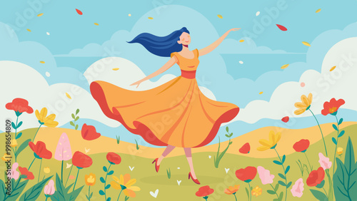Hand-Drawn Woman Dancing in Field of Blooming Flowers. Perfect for: Dance Day, Summer Festival, Nature