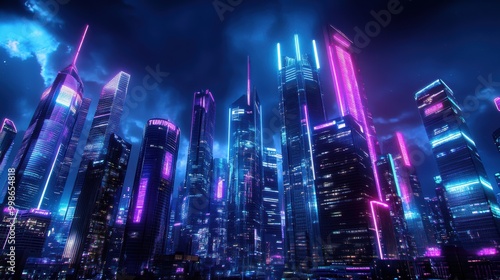 Neon Cityscape at Night with Dramatic Lighting Effects