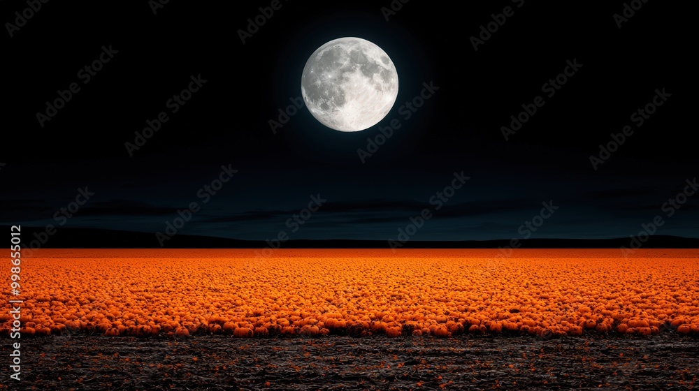 Vibrant orange field under a full moon, contrasting with a dark sky. Vibrant orange field under a full moon, contrasting with a dark sky.