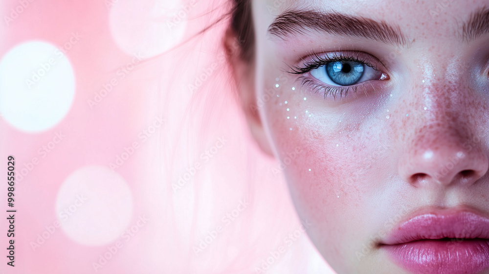Fototapeta premium A young womanâs face with luminous, clear skin, her beauty highlighted by a gentle bokeh effect in pink and blue tones, creating a sophisticated, clean look for skincare or medical