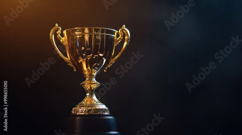 Golden trophy cup on black background.