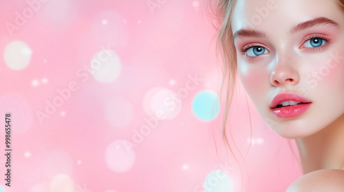 The pretty face of a young woman with radiant, youthful skin, surrounded by a calming bokeh background in pink and blue tones, offering a luxurious atmosphere for skincare or welln