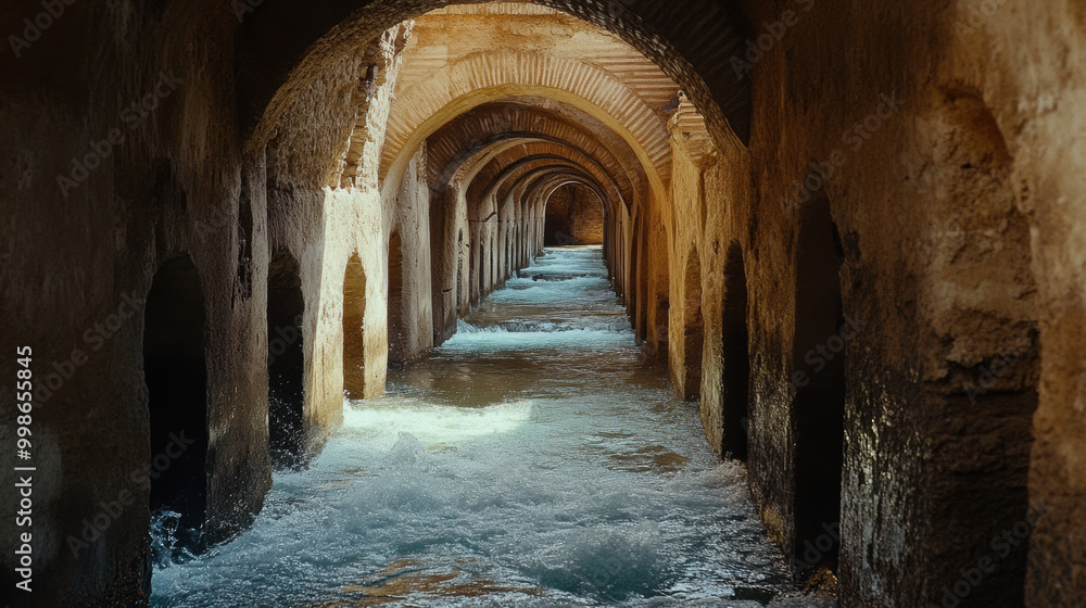 image showcases serene view of water flowing through maze of ancient aqueducts, creating tranquil atmosphere. interplay of light and shadow enhances architectural beauty of structure image showcases serene view of water flowing through maze of ancient aqueducts, creating tranquil atmosphere. interplay of light and shadow enhances architectural beauty of structure