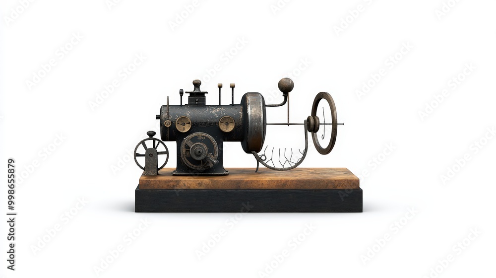 Fototapeta premium Vintage sewing machine on a wooden base, white isolated background.