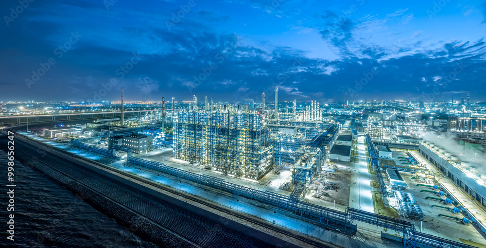 Fototapeta premium Oil refinery chemical plant industrial equipment buildings at night