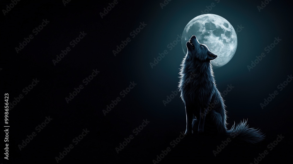 Obraz premium Wolf howling against a full moon, dark background.