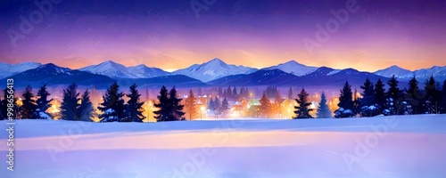 A serene winter landscape at sunset, featuring snow-capped mountains, a snowy forest, and a small town with warmly lit buildings photo