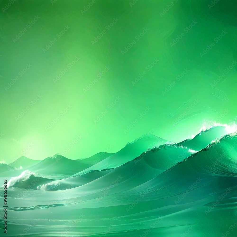 Obraz premium A serene ocean scene with rolling waves and a deep green hue, set against a backdrop of distant mountains under a clear sky
