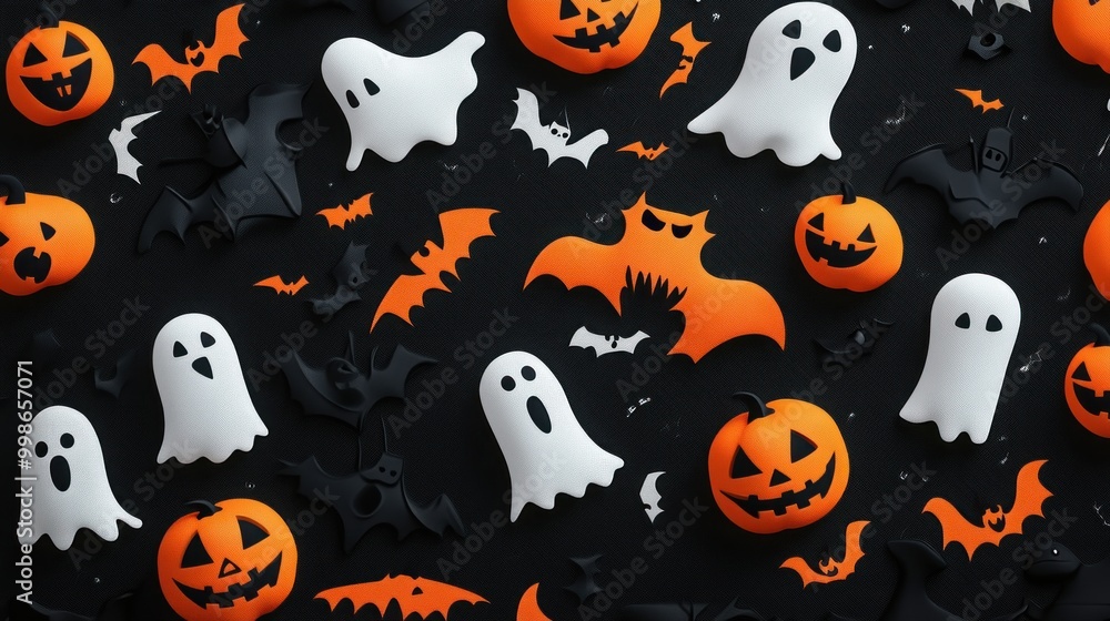 Halloween decorations of jack-o-lanterns, bats, and ghosts on a black background. Halloween decorations of jack-o-lanterns, bats, and ghosts on a black background.