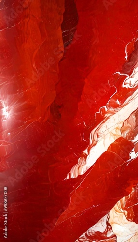 Abstract painting with bold red and white colors, featuring a dynamic and textured composition photo