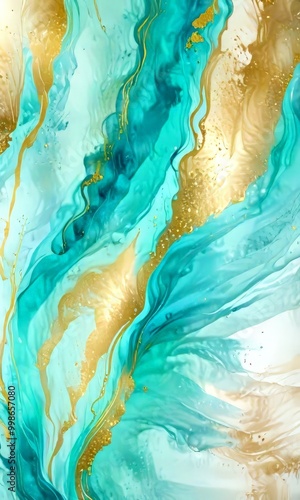 an abstract painting with turquoise and gold hues, creating a dynamic and swirling pattern The has used gold glitter to accentuate the swirling motion, adding a touch photo