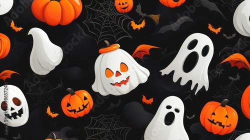 Seamless pattern with spooky pumpkins and ghosts for Halloween.