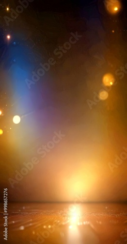 a dimly lit stage with a blurred background, featuring a warm glow from the center and a subtle reflection on the floor
