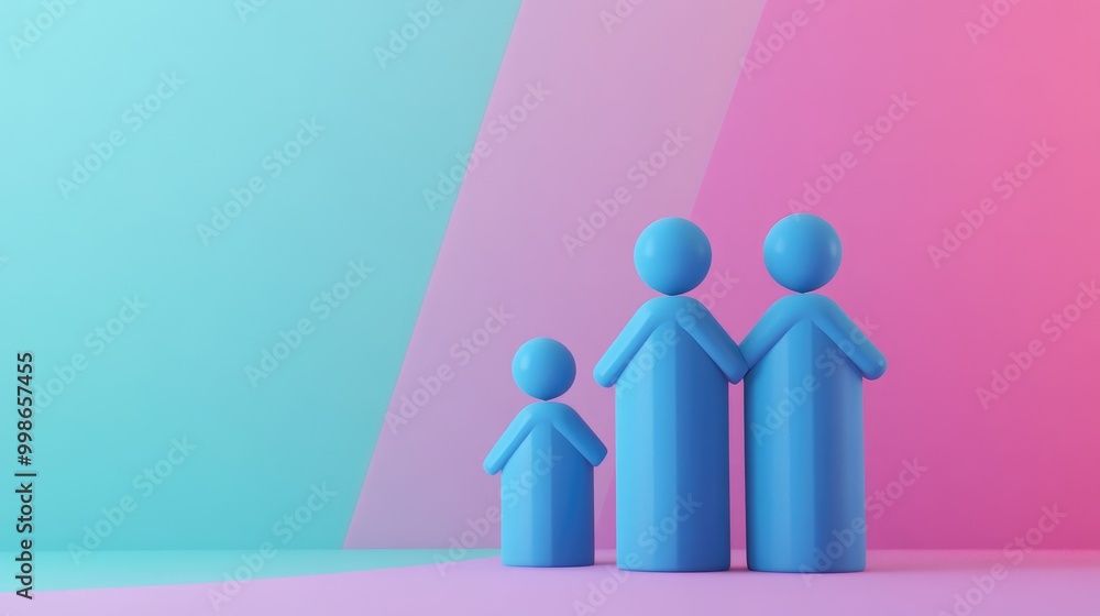 Blue 3D figures of a family on a pink and blue background. Blue 3D figures of a family on a pink and blue background.