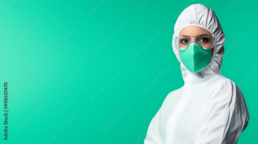 A female scientist in a full protective suit, her mask removed as she inhales fresh air with a hopeful smile, standing confidently against a soft pastel background, leaving ample s A female scientist in a full protective suit, her mask removed as she inhales fresh air with a hopeful smile, standing confidently against a soft pastel background, leaving ample s