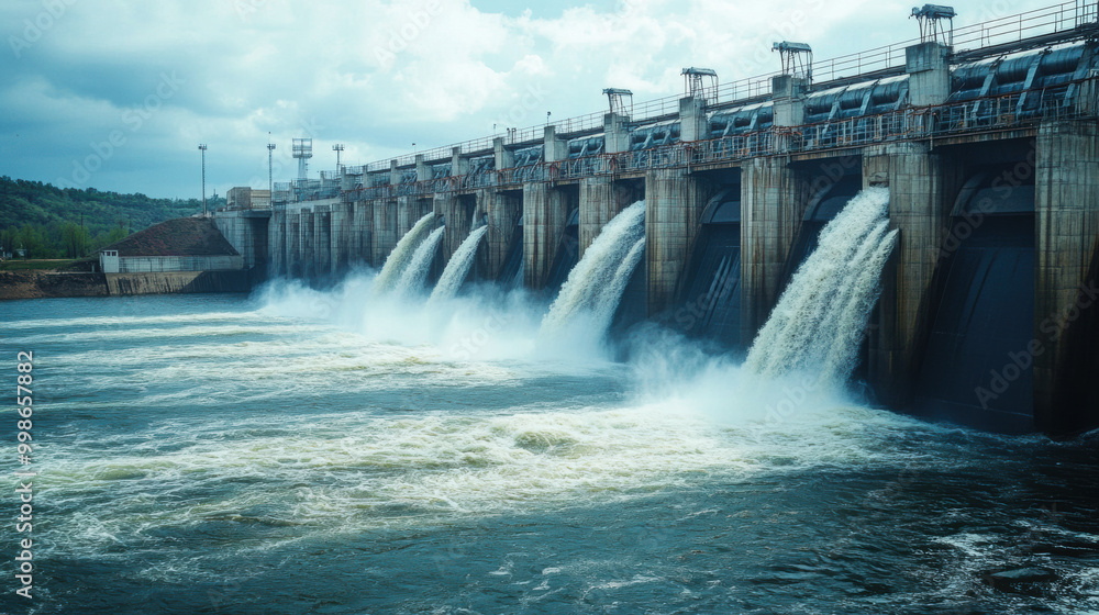 Water surging through dam showcases powerful energy harnessed from nature. dynamic flow creates stunning visual of strength and engineering Water surging through dam showcases powerful energy harnessed from nature. dynamic flow creates stunning visual of strength and engineering