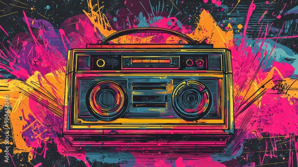 Fototapeta premium Retro boombox illustration with abstract neon graffiti elements