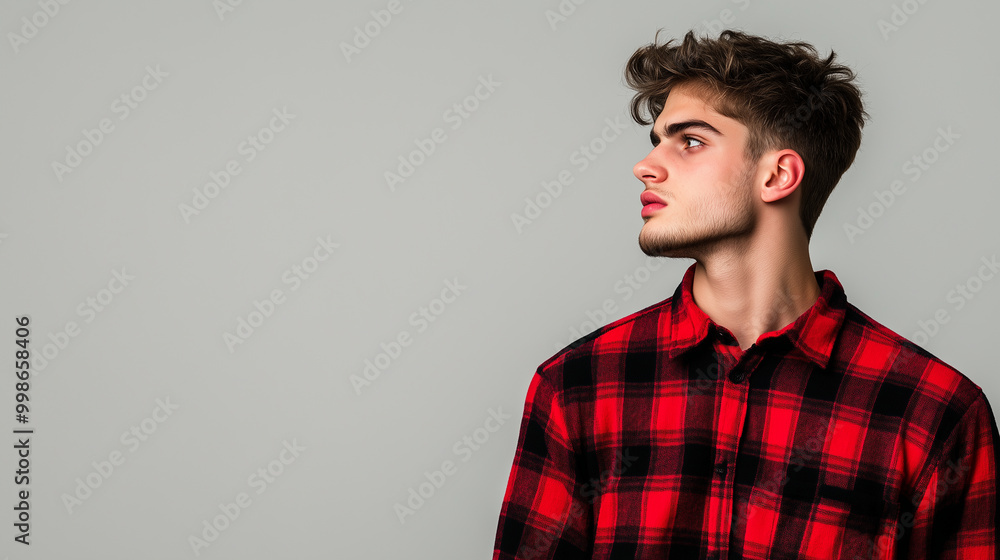 Fototapeta premium A young male in a plaid flannel shirt, his serious expression suggesting deep contemplation of the path ahead, isolated on a neutral background with space for branding or messaging