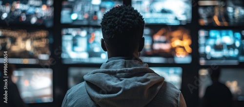 A young man in a hoodie stands facing a wall of screens, looking at data and information.