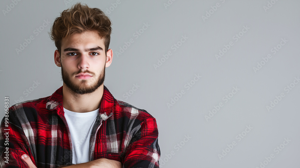 The serious, thoughtful face of a young man in a plaid flannel shirt, isolated on a plain background, reflecting on the uncertainties of his future, with ample space for text or br The serious, thoughtful face of a young man in a plaid flannel shirt, isolated on a plain background, reflecting on the uncertainties of his future, with ample space for text or br