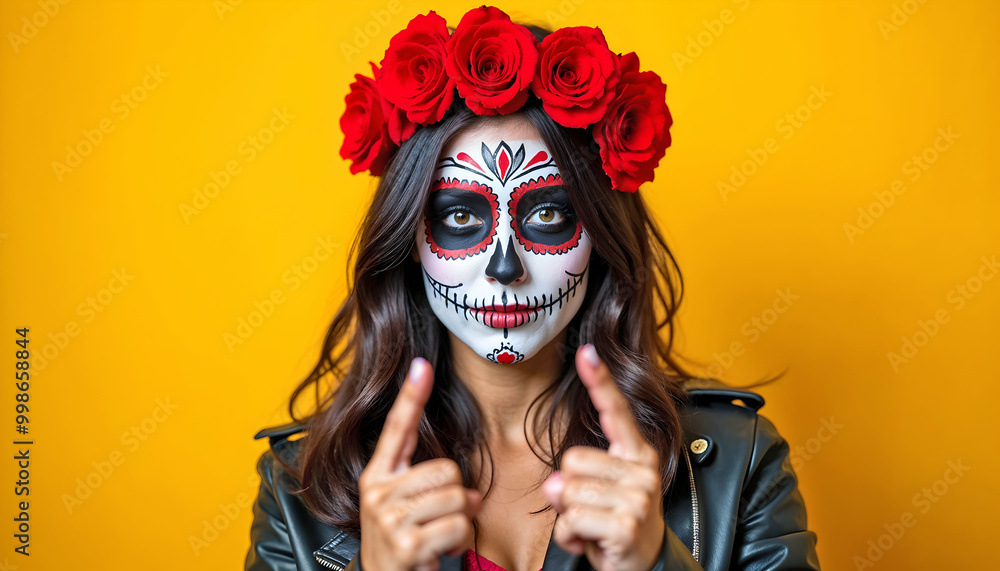 Day of the Dead Woman in Leather Jacket Wearing Floral Crown on a Yellow Background Day of the Dead Woman in Leather Jacket Wearing Floral Crown on a Yellow Background