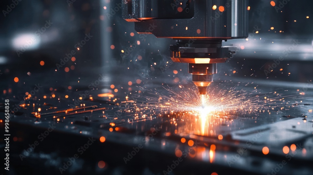 Industrial laser cutting machine with sparks flying in the air. Industrial laser cutting machine with sparks flying in the air.