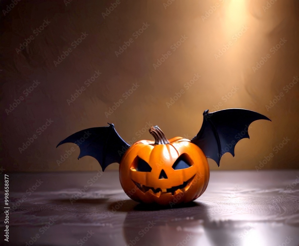 Fototapeta premium A carved pumpkin with a bat-like face sits on a dark surface, casting a shadow and illuminated by a spotlight