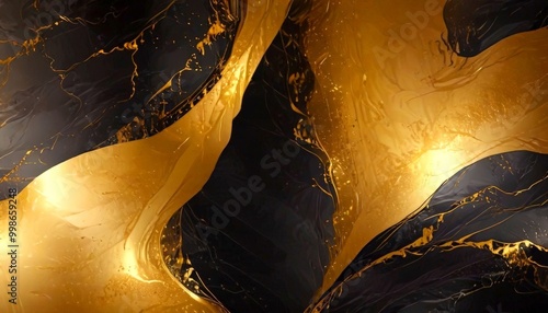 a striking abstract composition of black and gold marble-like textures, with a central vertical line and a swirling pattern of gold and black lines photo