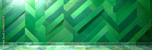 a wall with a geometric pattern of intersecting diagonal lines in various shades of green, creating a visually striking and abstract design photo