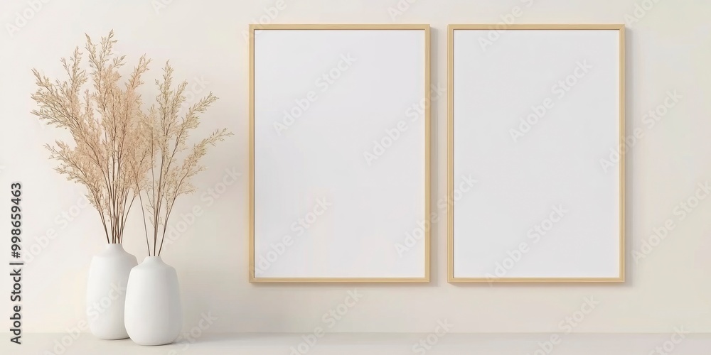 empty frame for mockup on modern room wall with wite pot and dry plant empty frame for mockup on modern room wall with wite pot and dry plant