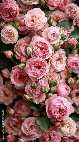 Beautiful pink roses in various stages of bloom create stunning floral display, perfect for celebrating love and special occasions. Their soft hues and lush petals evoke feelings of joy and romance