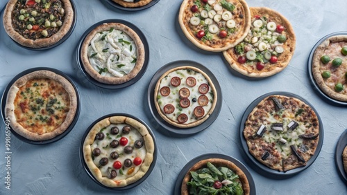 Top view collection of Pizza with different tasty isolated on background, Popular fast food, flat lay pizzas.