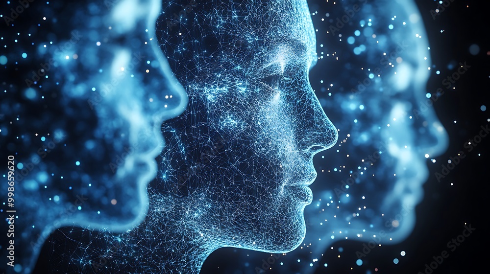 Faces emerge in abstract, glowing with lines and the soft blur of bokeh. Faces emerge in abstract, glowing with lines and the soft blur of bokeh.