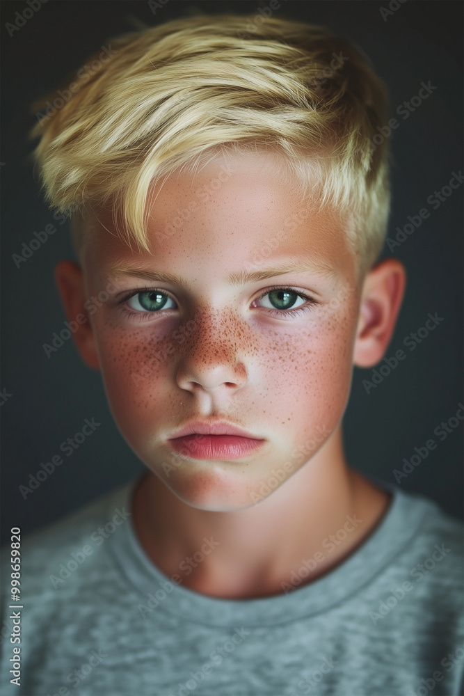 Portrait of cheeky teenage boy with freckles, blond hair and green eyes in grey shirt. Shallow depth of field. Portrait of cheeky teenage boy with freckles, blond hair and green eyes in grey shirt. Shallow depth of field.