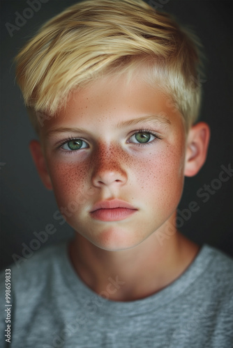 Portrait of cheeky teenage boy with freckles, blond hair and green eyes in grey shirt. Shallow depth of field.