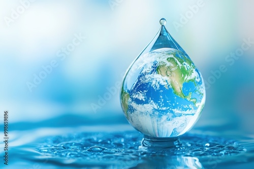 Earth in water drop on blue surface, symbolizing eco concepts