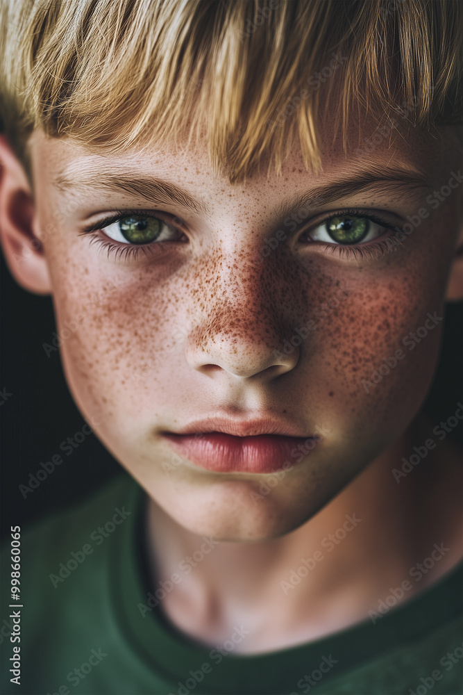 Portrait of cheeky teenage boy with freckles, blond hair and green eyes in green sweater. Shallow depth of field. Portrait of cheeky teenage boy with freckles, blond hair and green eyes in green sweater. Shallow depth of field.