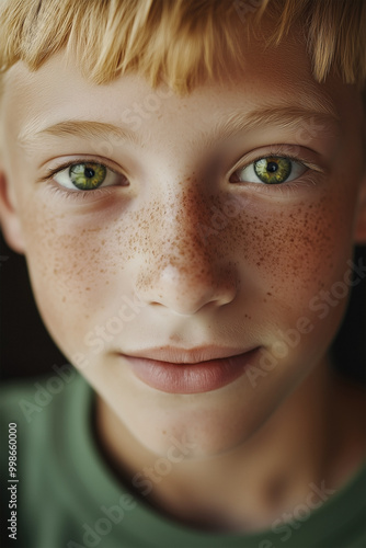 Portrait of cheeky teenage boy with freckles, blond hair and green eyes in white shirt. Shallow depth of field.