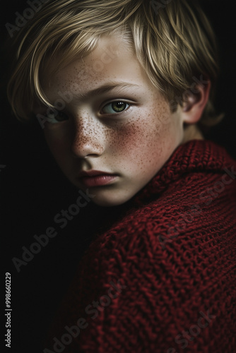 Portrait of cheeky teenage boy with freckles, blond hair and green eyes in red sweater. Shallow depth of field.