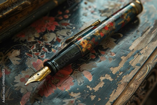 Close up of an elegant fountain pen with floral decoration resting on an antique book with floral decoration photo