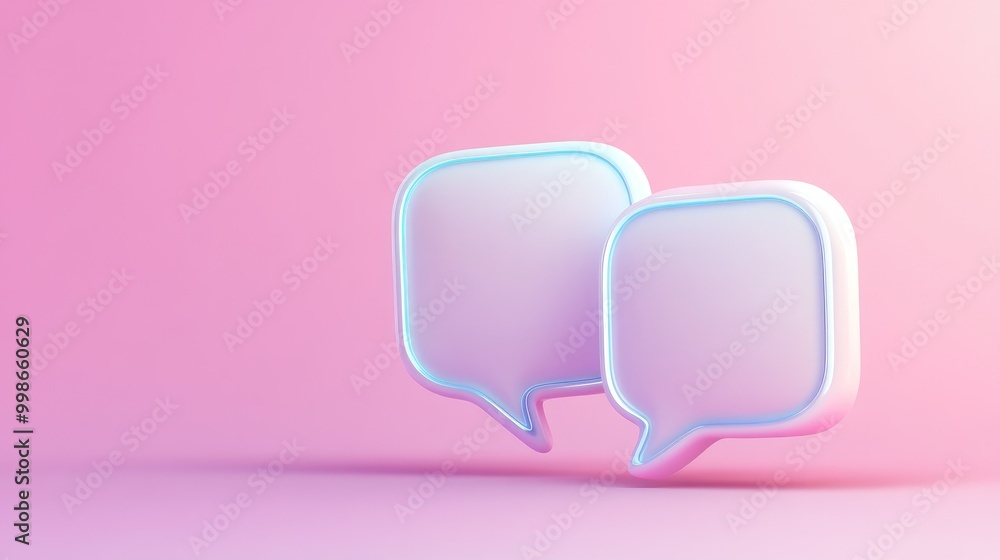 Two 3D white speech bubbles with neon blue outlines on pink background. Two 3D white speech bubbles with neon blue outlines on pink background.