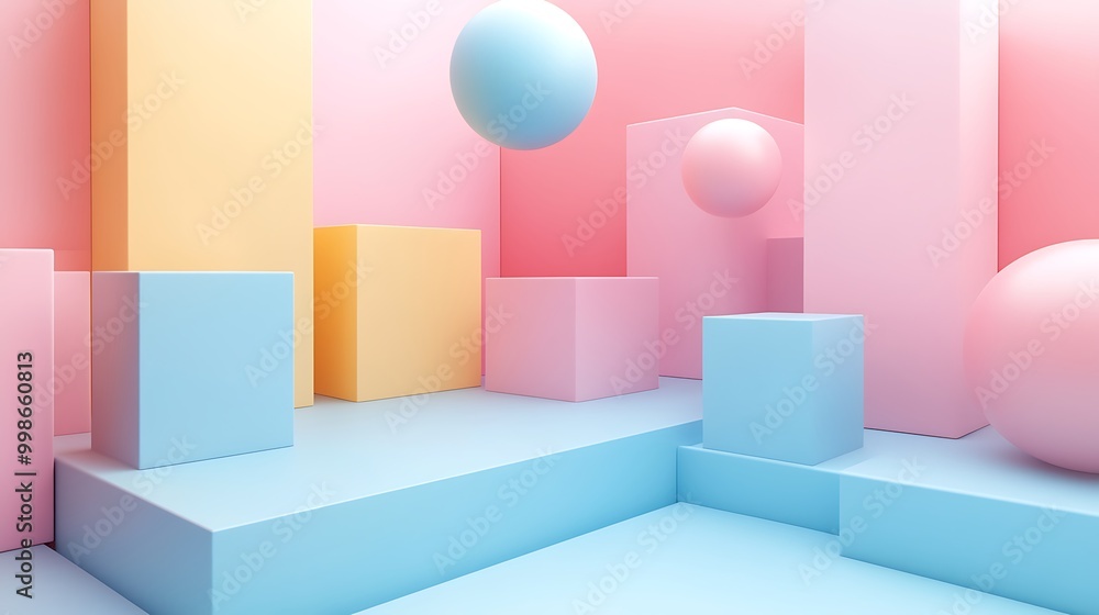 An abstract 3D world of pastel cubes and spheres comes to life. An abstract 3D world of pastel cubes and spheres comes to life.
