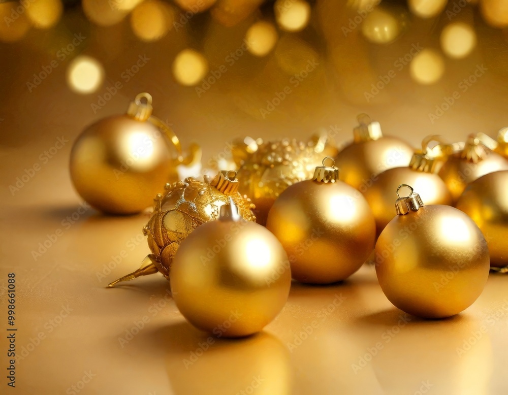 A collection of golden Christmas ornaments, including baubles, baubles, and baubles, are scattered on a golden surface, with a bokeh effect of golden lights in the background A collection of golden Christmas ornaments, including baubles, baubles, and baubles, are scattered on a golden surface, with a bokeh effect of golden lights in the background