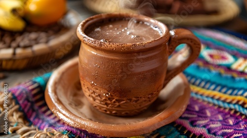 Traditional Mexican champurrado served in a rustic clay mug, the thick, chocolatey drink steaming lightly. The mug is set on a colorful woven tablecloth with a backdrop of a traditional Mexican 