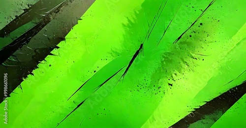 a vibrant abstract composition with a green background, black and white brushstrokes, and splatters of black paint photo