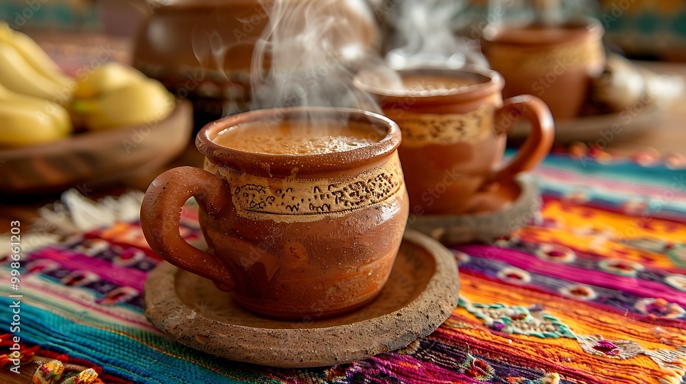 Traditional Mexican atole served in a rustic clay mug, the warm, thick drink steaming lightly. The mug is set on a colorful woven tablecloth with a backdrop of a traditional Mexican kitchen, Traditional Mexican atole served in a rustic clay mug, the warm, thick drink steaming lightly. The mug is set on a colorful woven tablecloth with a backdrop of a traditional Mexican kitchen,