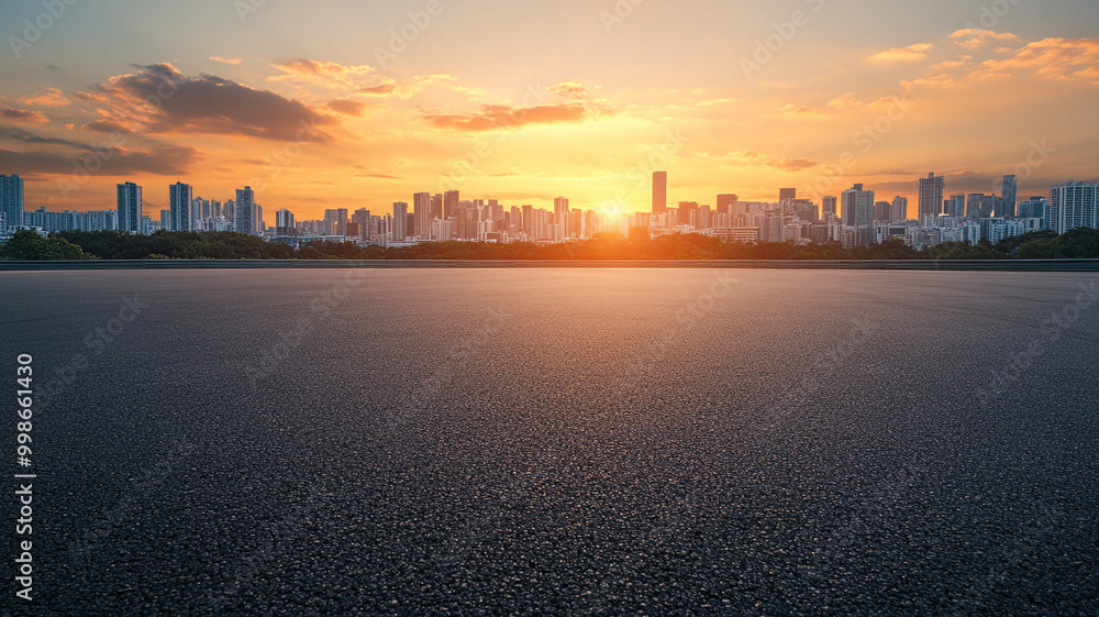 Empty asphalt floor with a city skyline background for car advertising. Empty asphalt floor with a city skyline background for car advertising.