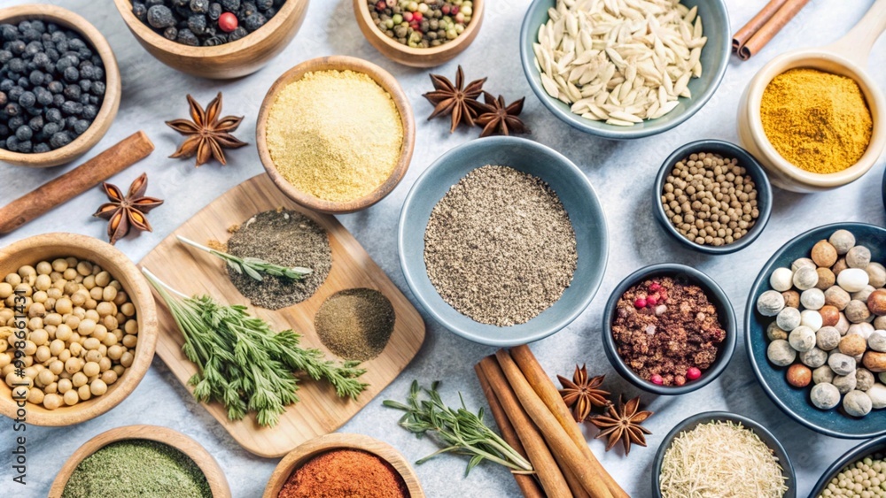 Top view of Herbs and spices isolated on background, ingredients for cooking food, healthy vegetables food, high fibers and vitamins. Top view of Herbs and spices isolated on background, ingredients for cooking food, healthy vegetables food, high fibers and vitamins.